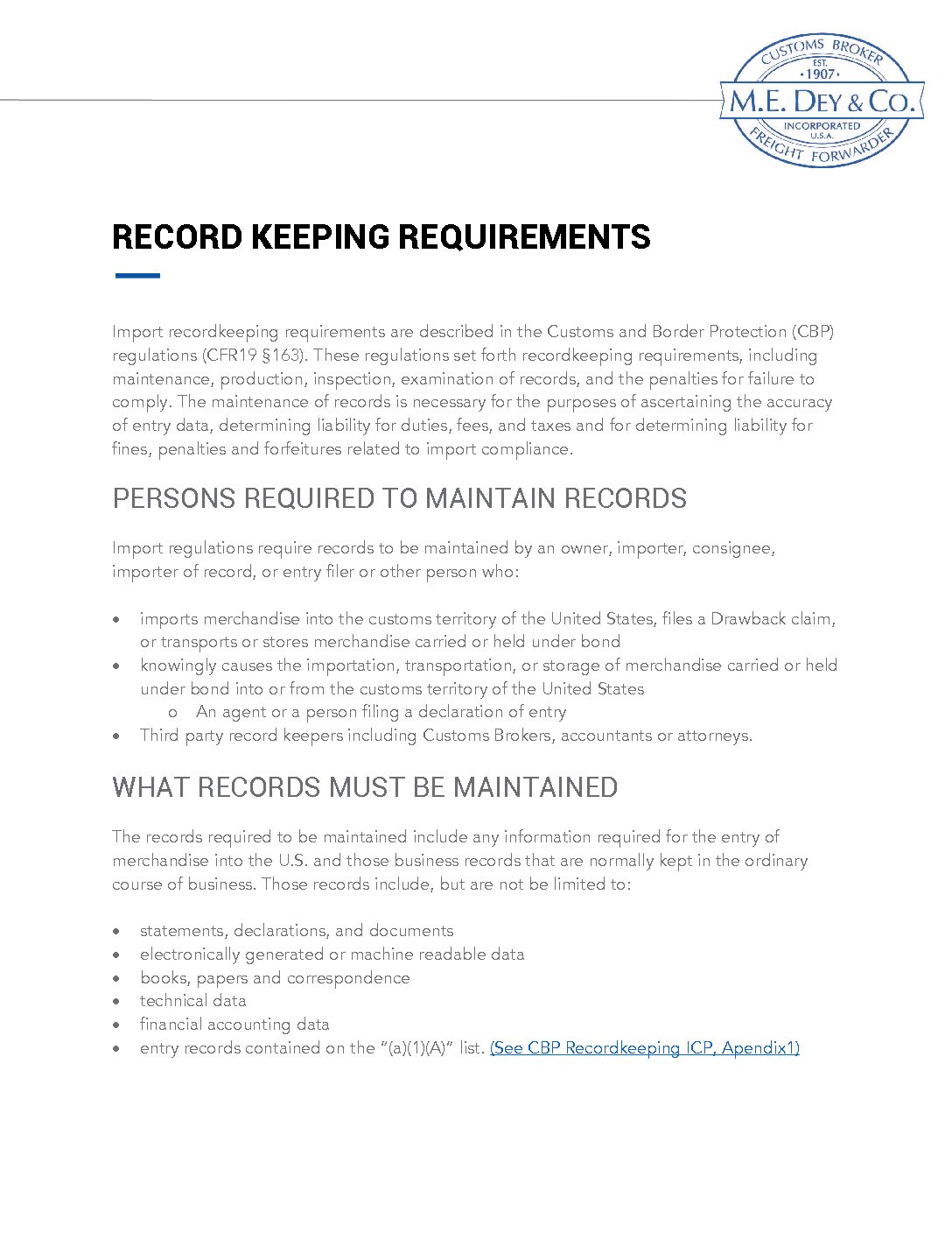 record-keeping-requirements-m-e-dey-co